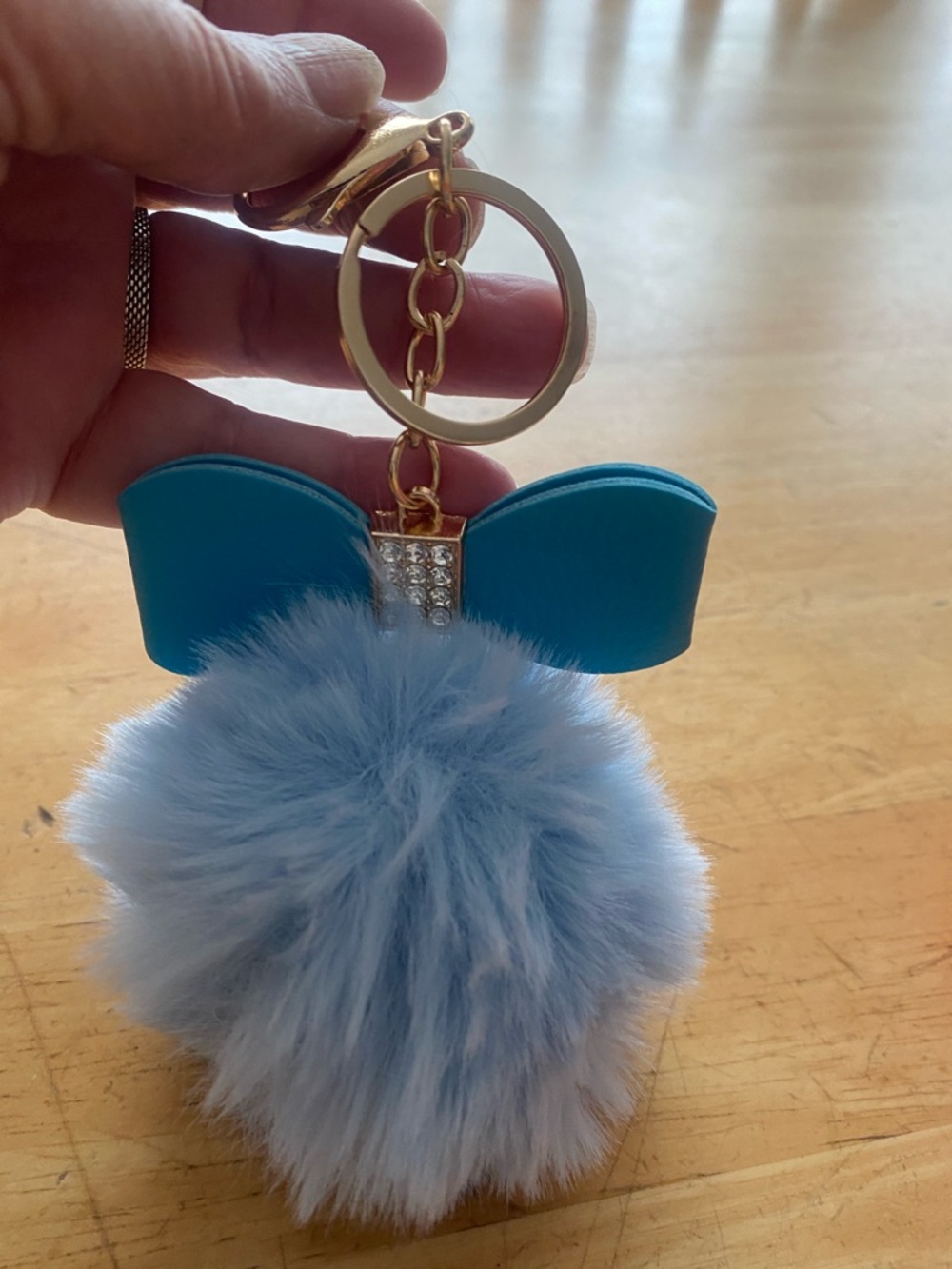 Blue Pom Pom bag charm Keychain with crystals & Bow Accent & pink gift bag NWOT